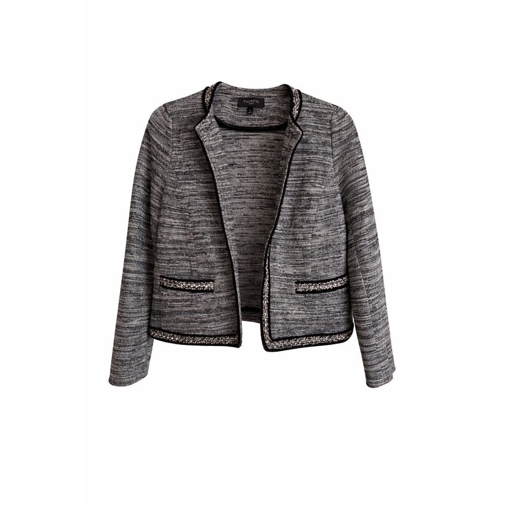 Talbots Petite Sweater Blazer SP Black White Tweed Knit Open Front Jacket